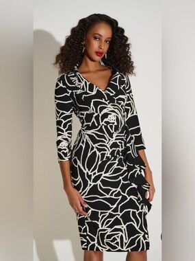 Joseph Ribkoff  Floral-Outline Ruffle Sheath Wrap Dress Size 18